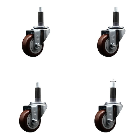 Service Caster 3'' SS Maroon Poly Wheel Swivel 1'' Expanding Stem Caster Set, 4PK SCC-SSEX20S314-PPUB-MRN-1-4